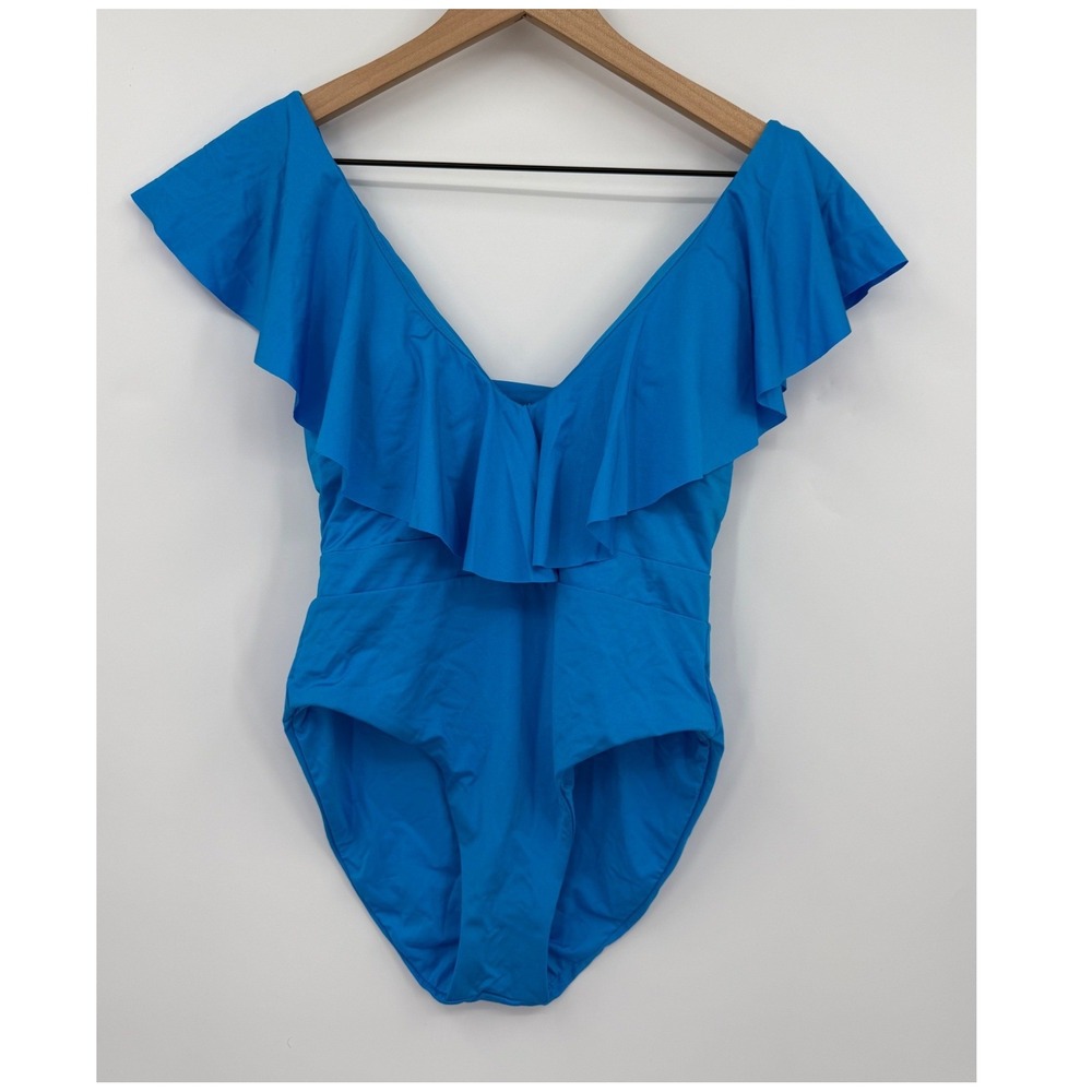 Trina Turk Bathing Suit Womens 6 Blue Ruffle V-Neck One Piece Ruffle NEW
